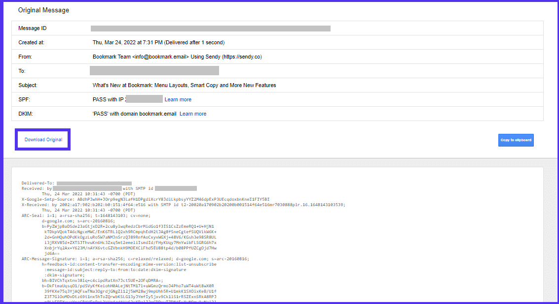 An email header in Gmail, showing a focus box around the “Download Original” option.