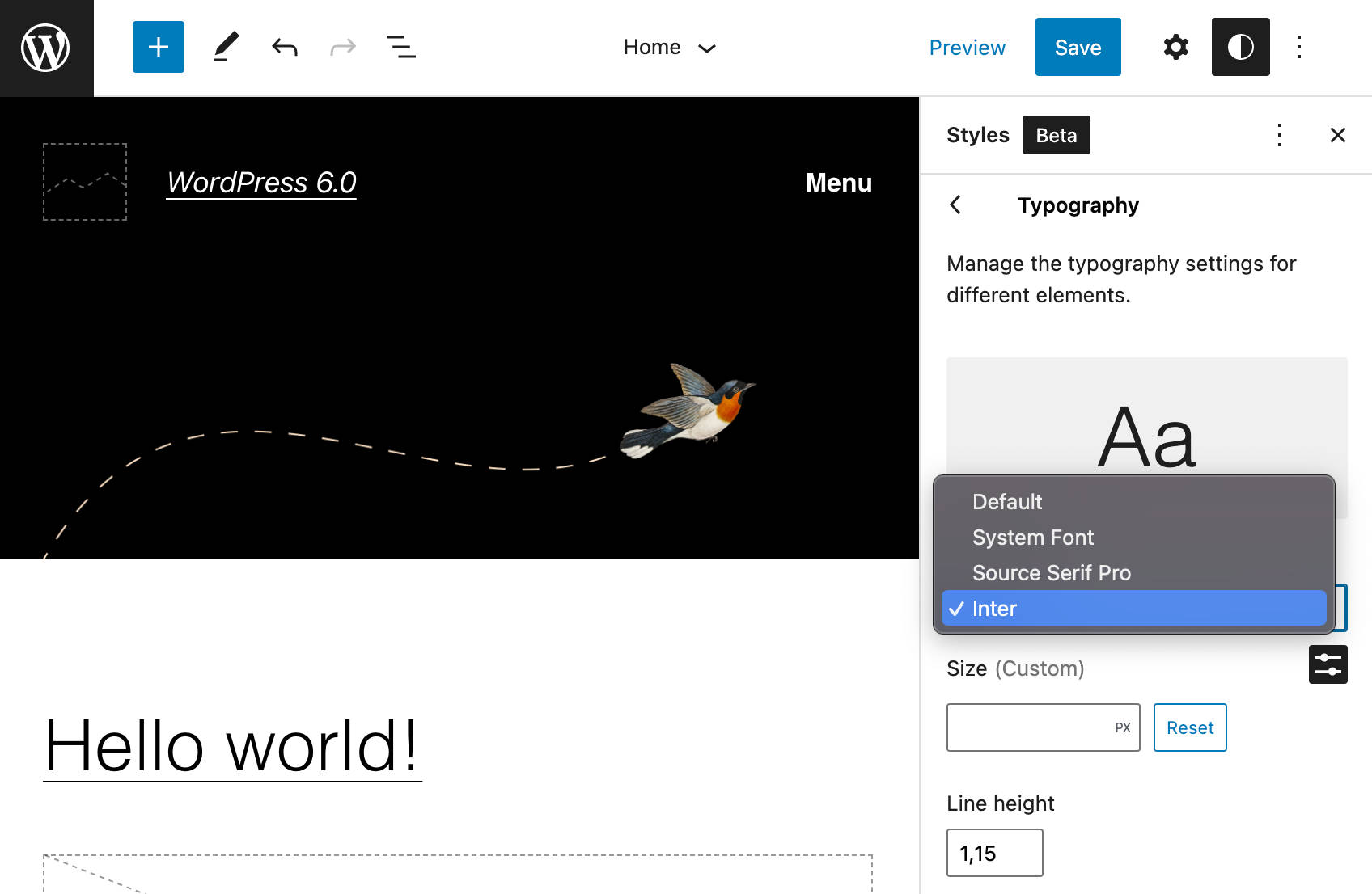 A screenshot showing a new font family in Twenty Twenty-Two.