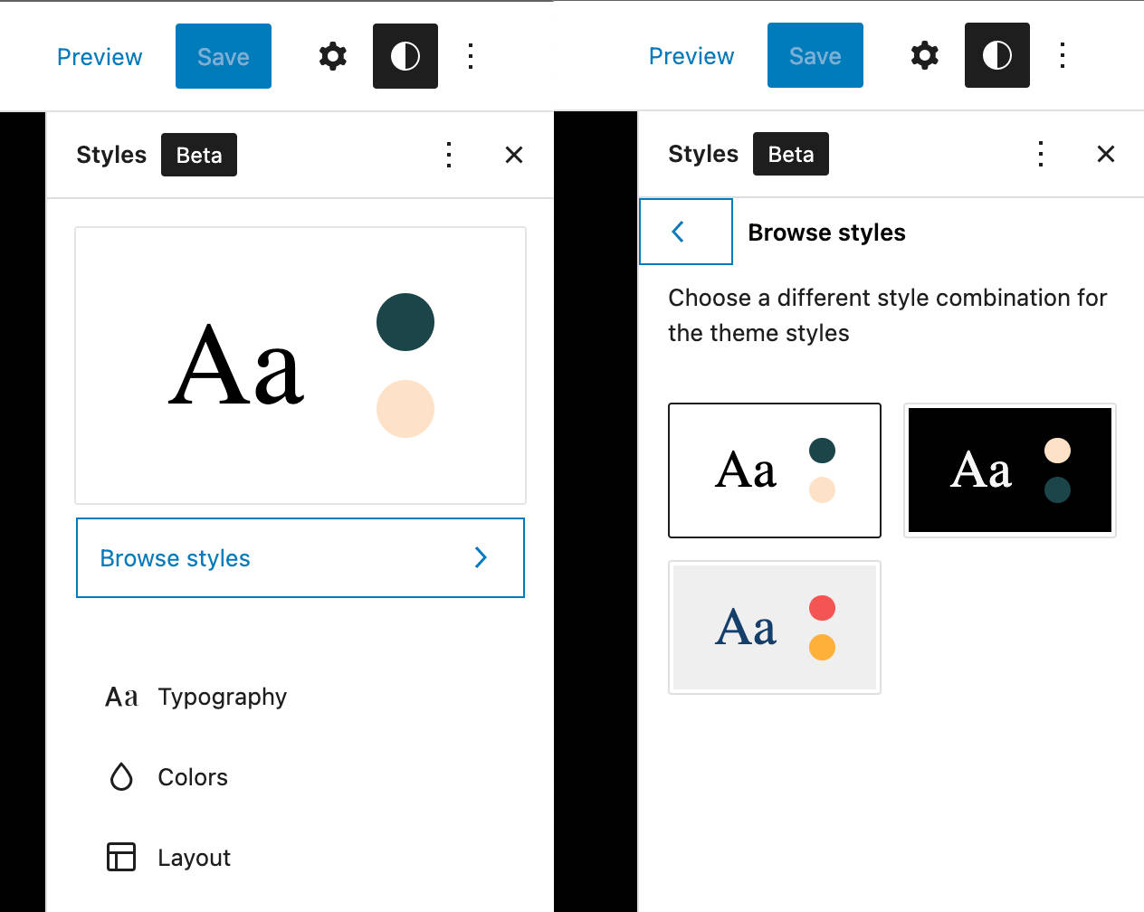 A screenshot showing the Browse styles item in WordPress 6.0.