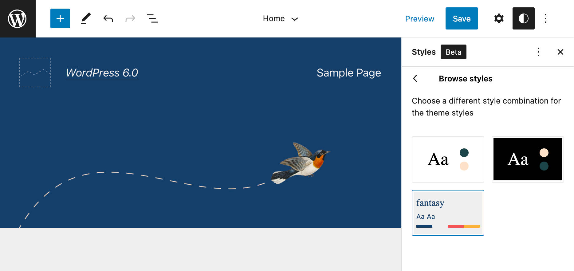 A screenshot showing the Browse styles panel in WordPress 6.0.