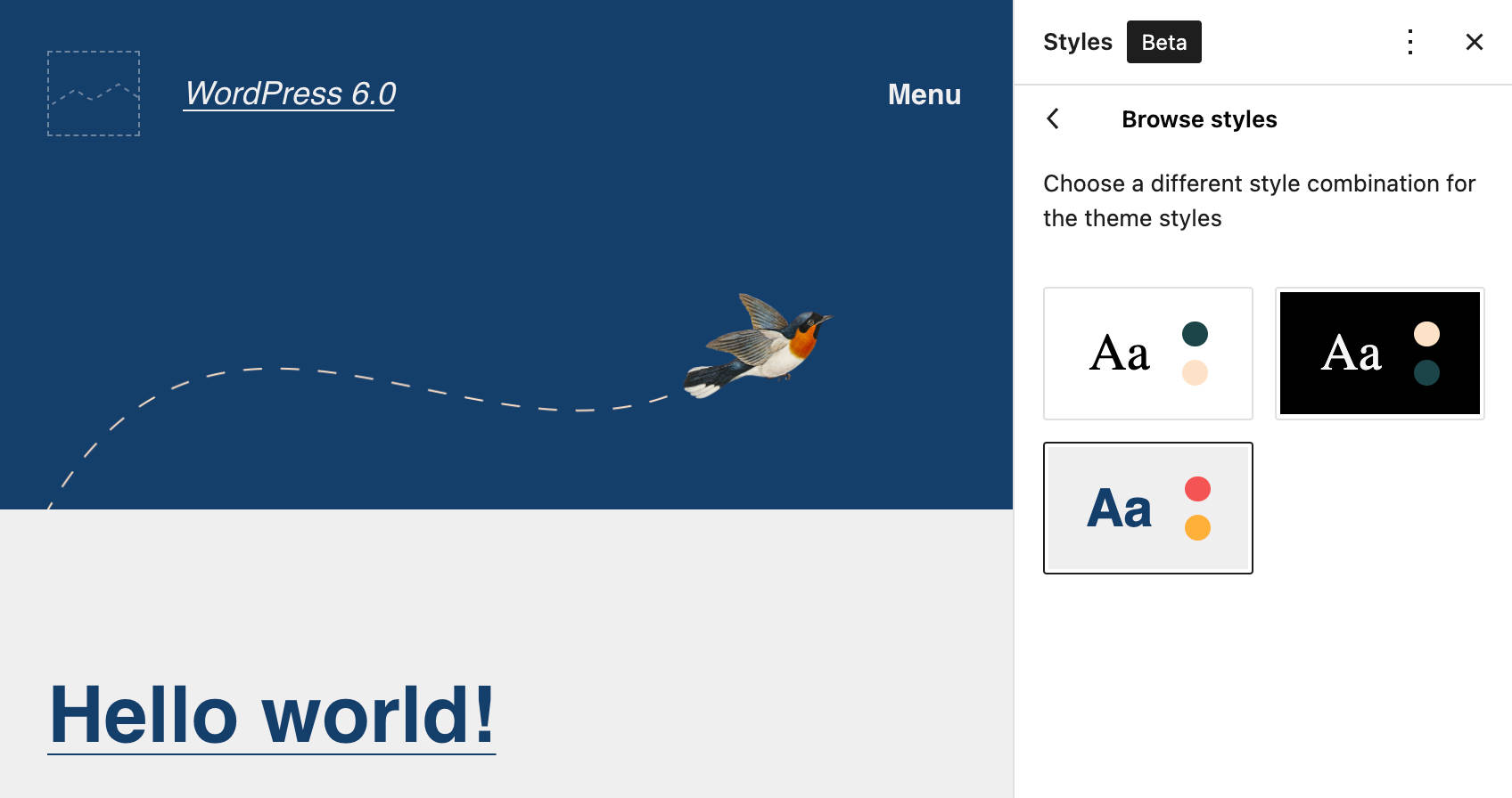 An image showing a style variation with a custom font in WordPress 6.0.