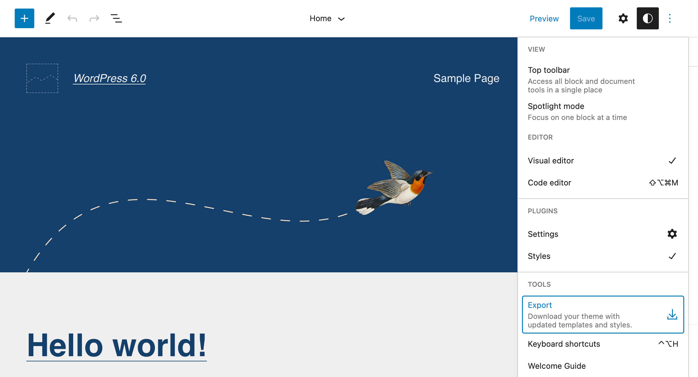 An image showing the Export a theme option in the editor's interface.