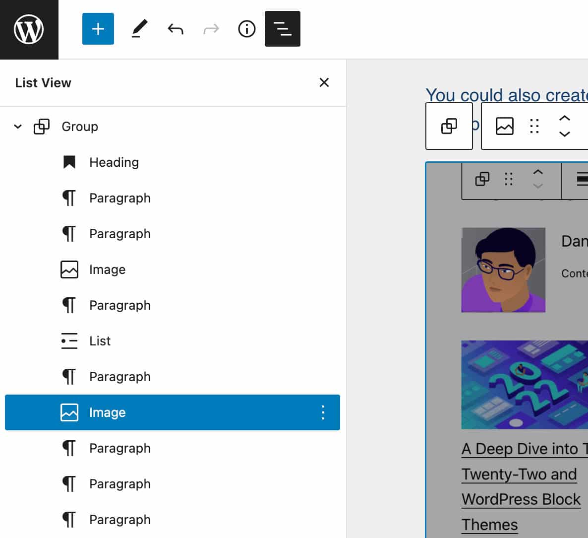 Expanded Group block in List View on block selection.