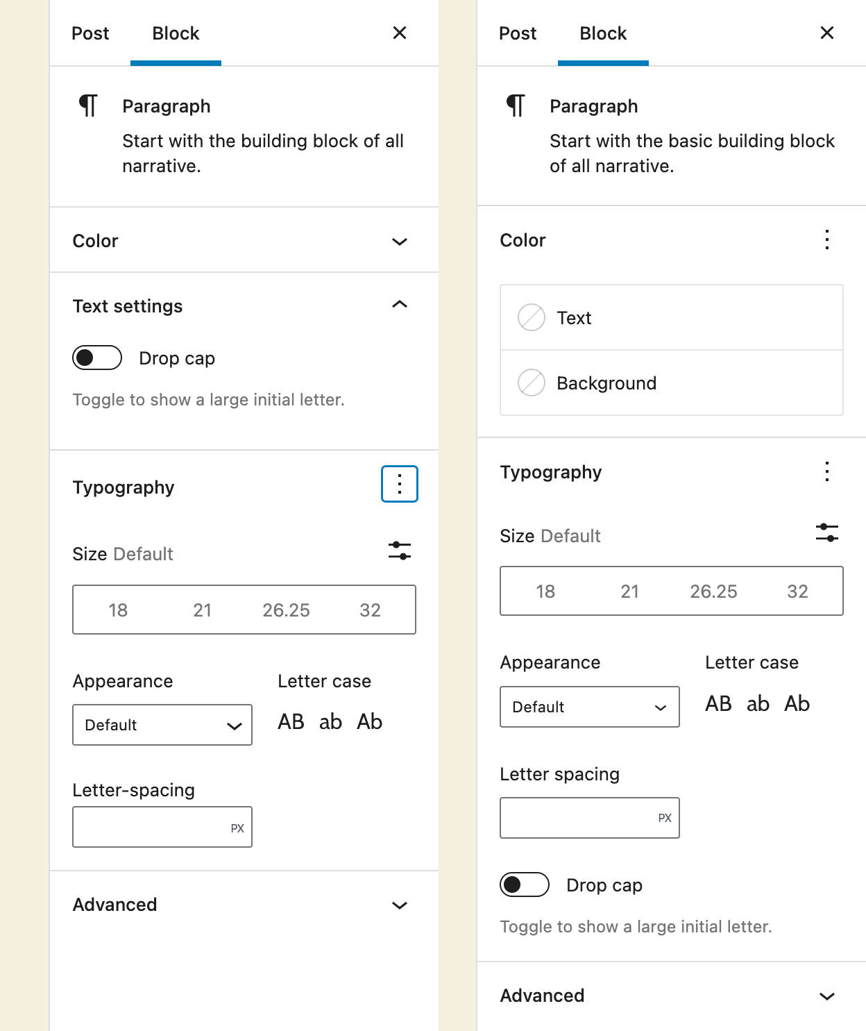 An image showing Typography settings in WordPress 5.9 vs. WordPress 6.0.