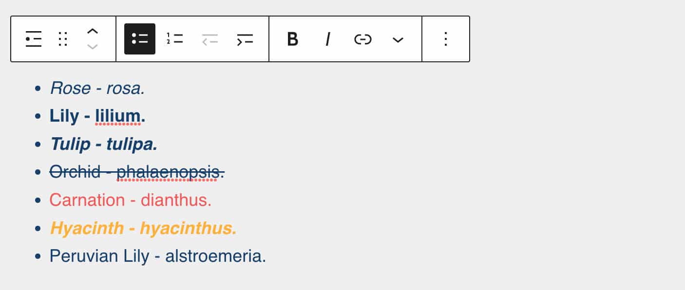 A screenshot of a List block with different styles applied.