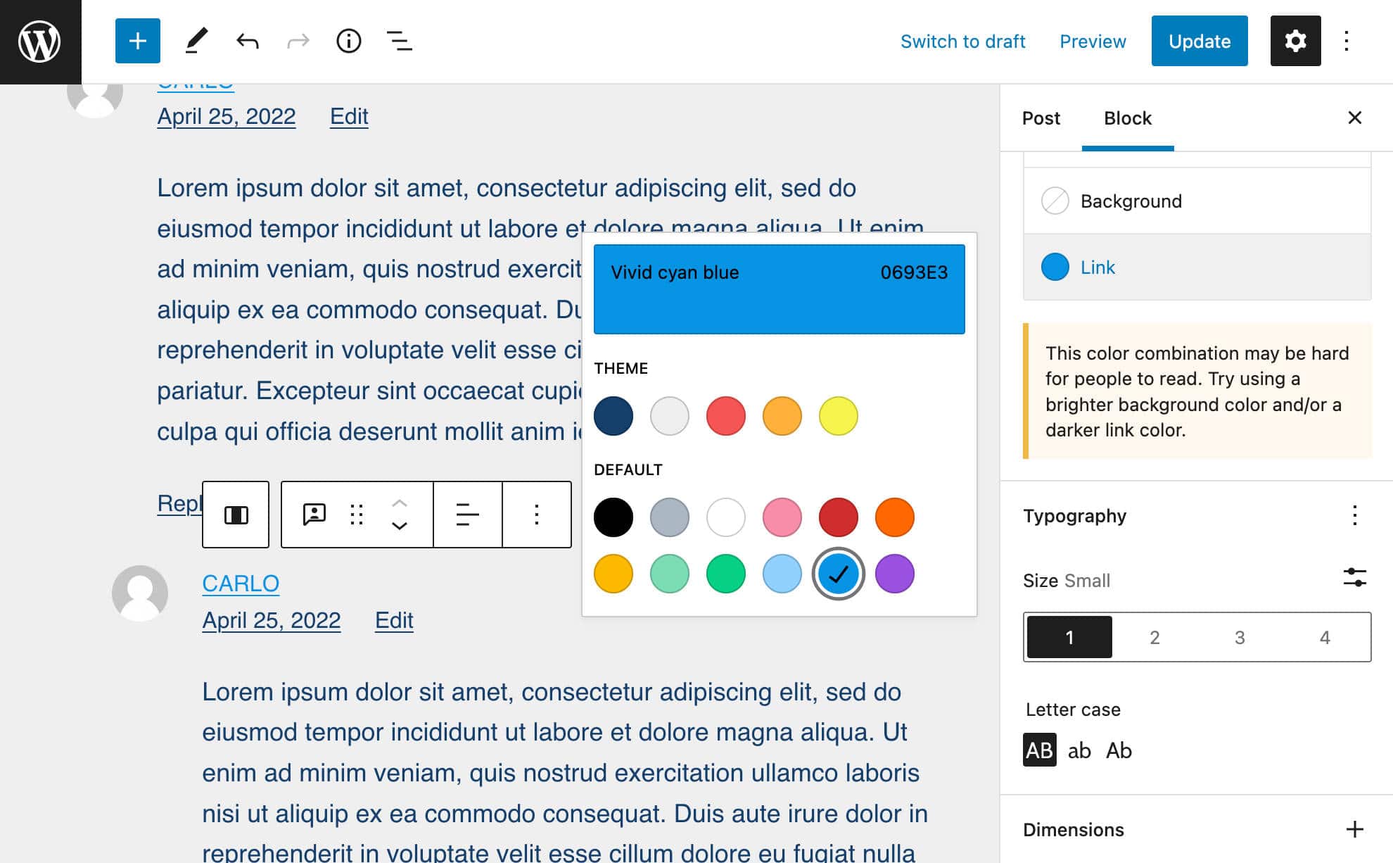 Configuring the Comments Query Loop block.