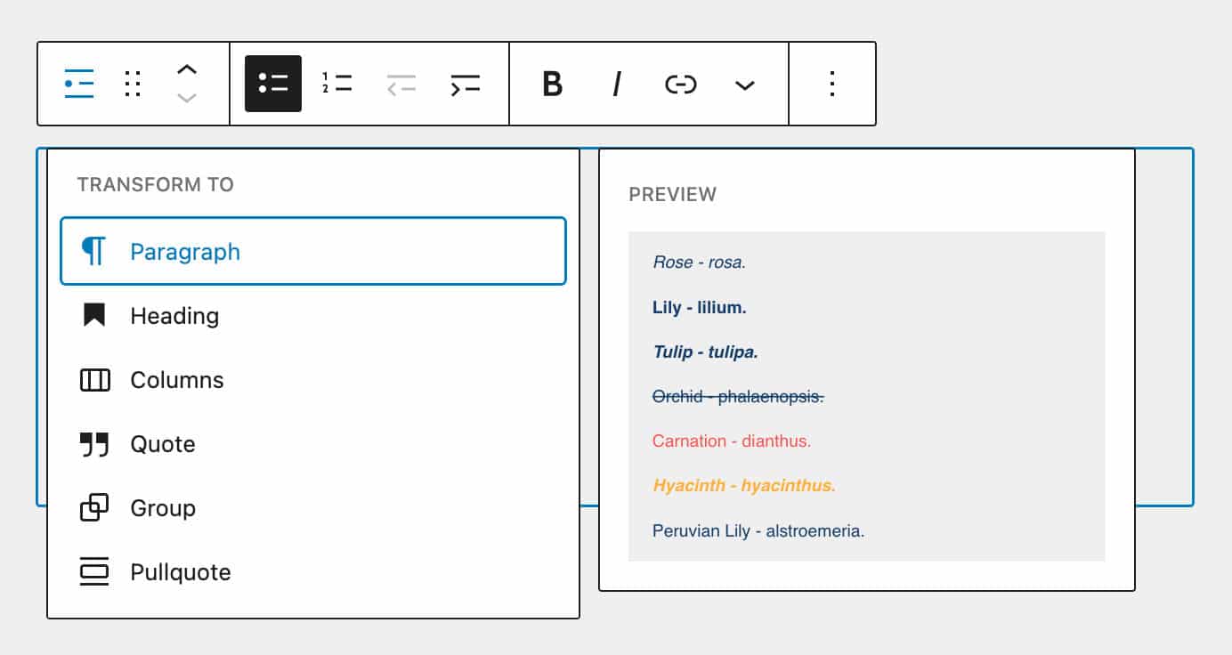 A preview of a list to paragraphs transform.