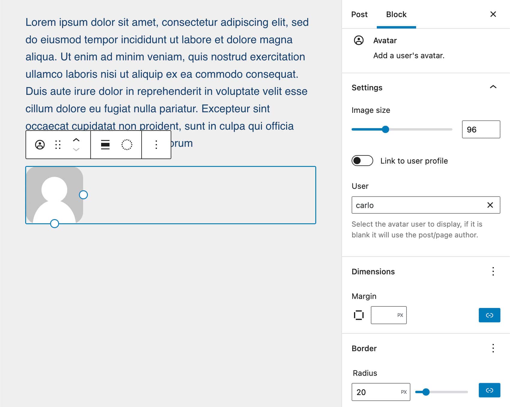 The Avatar block in WordPress 6.0.
