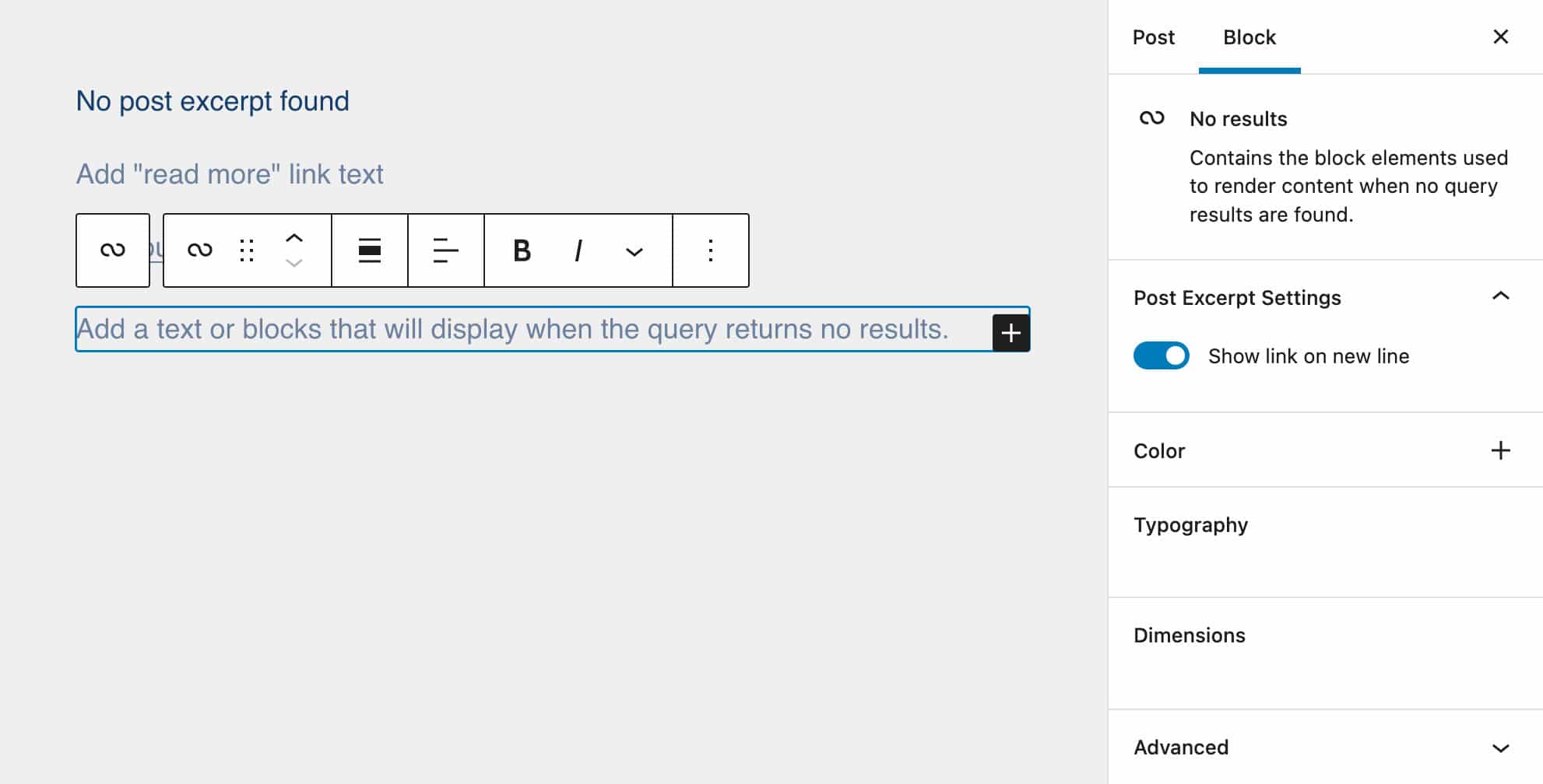 Adding the No Result block to the Query Loop.