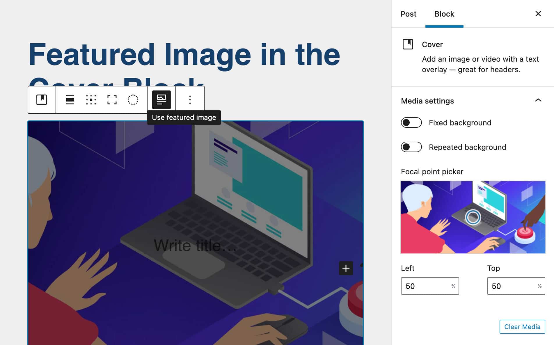 Use featured image with a Cover block.