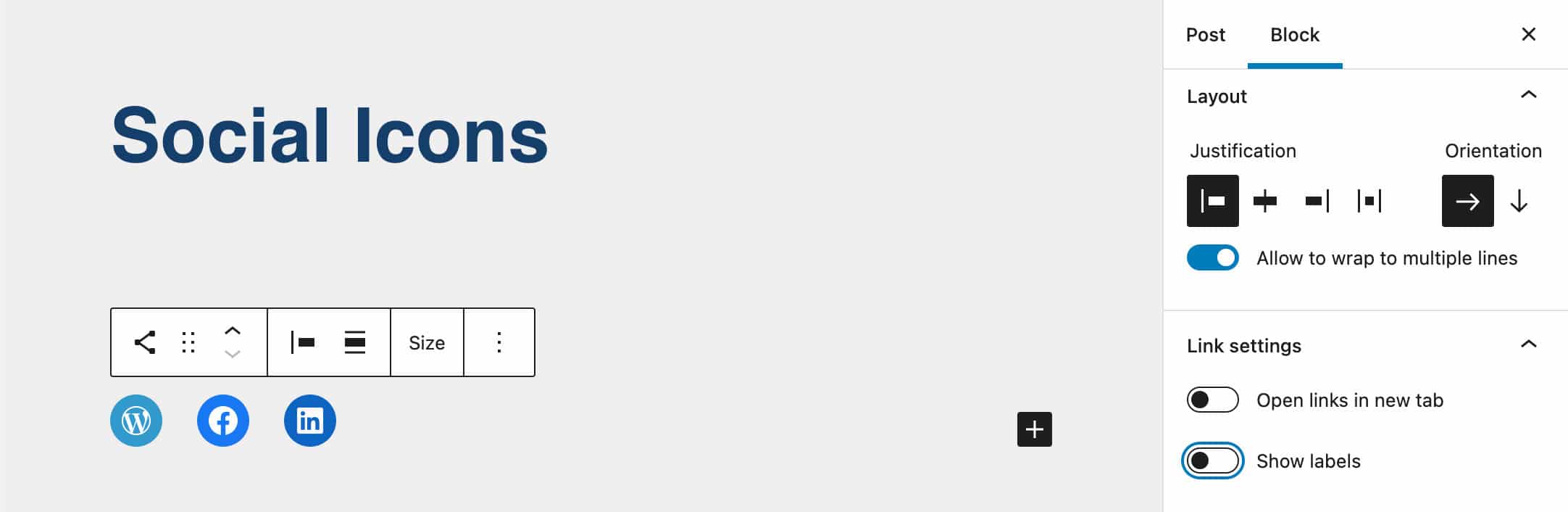 A Show label control allows to toggle on/off labels in Social Icons.