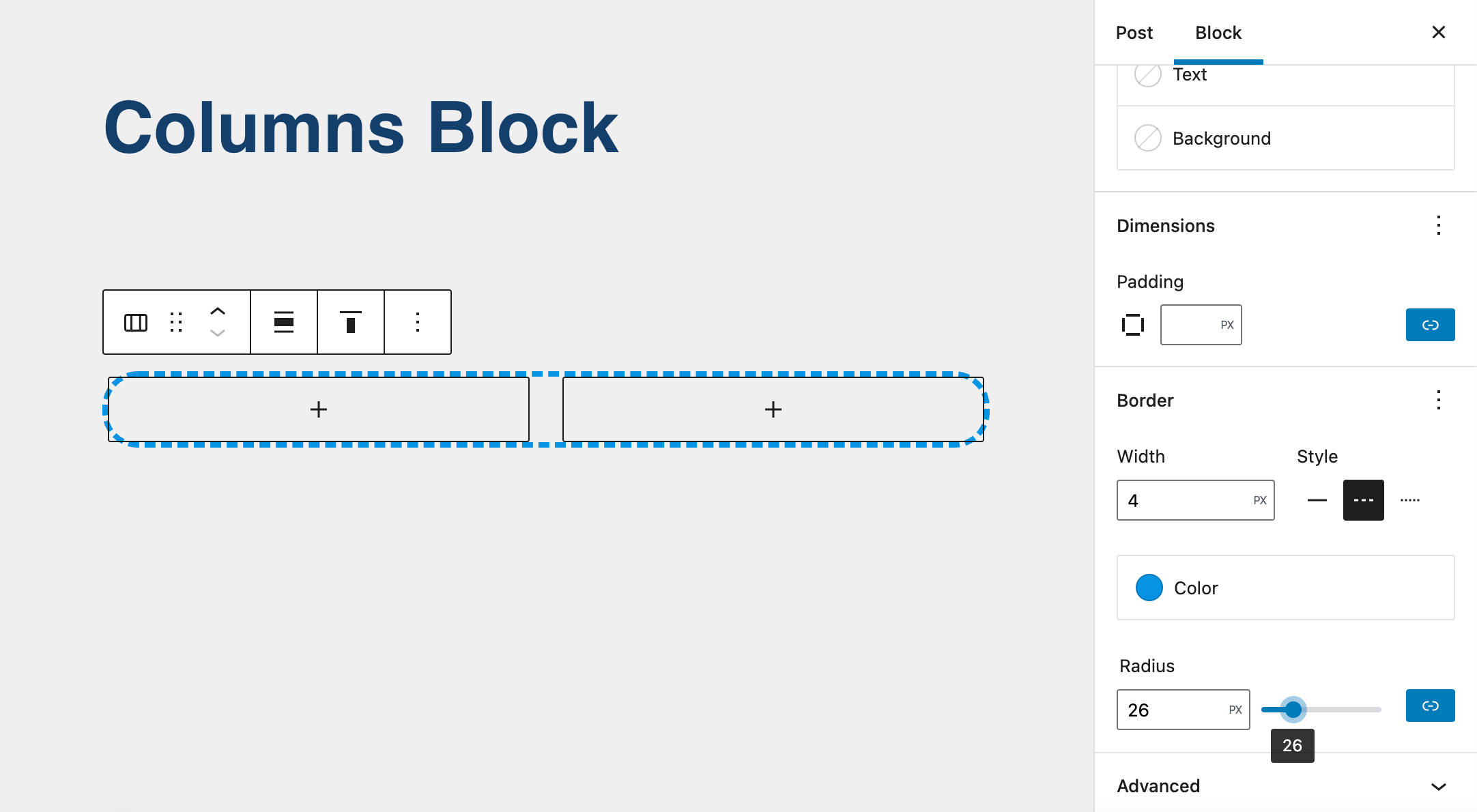Border controls for the Columns block.