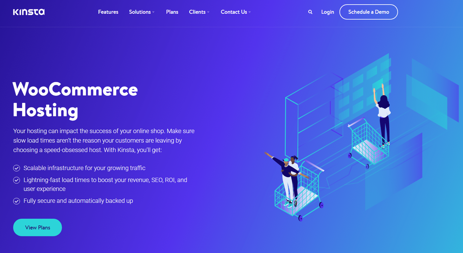 Kinsta's WooCommerce hosting page with an illustration of people and shopping carts against a blue background.
