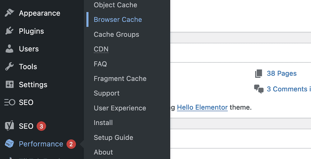 The WordPress dashboard, showing the
