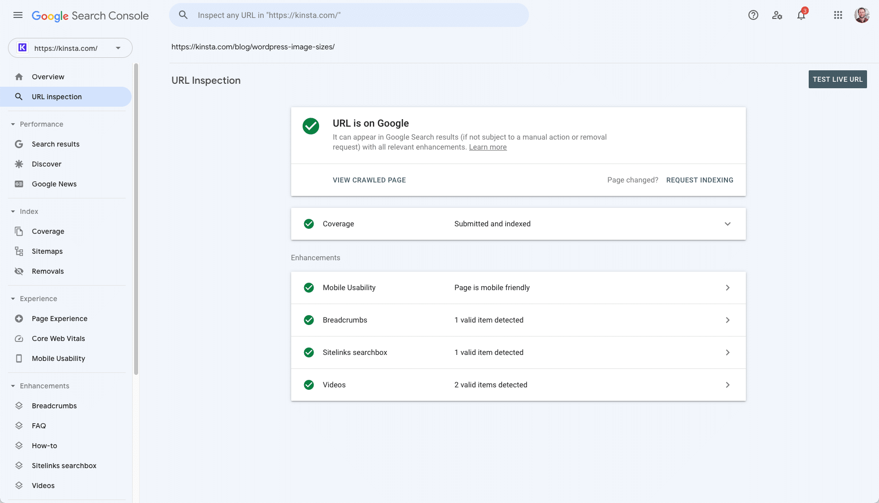 Indexing request confirmation message