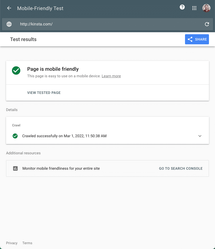 The Kinsta website in Google’s mobile-friendly test.