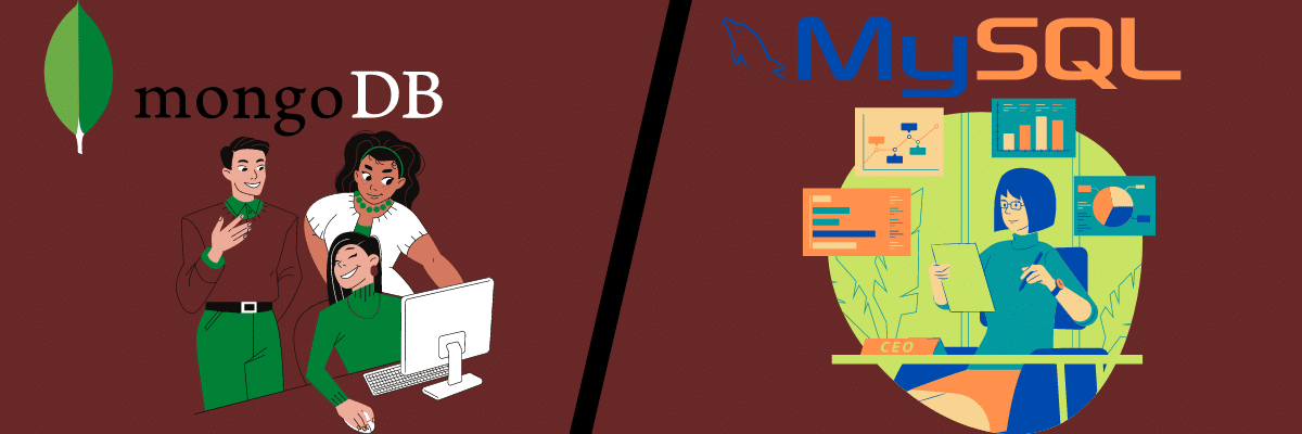 A side-by-side comparison of MongoDB and MySQL's scalability, by showing three persons working happily under MongoDB and a single person working on different screens under MySQL