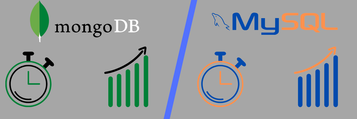 A side-by-side comparison of MongoDB and MySQL's performance and speed by showing the clock and increasing graph with an increasing arrow on both sides