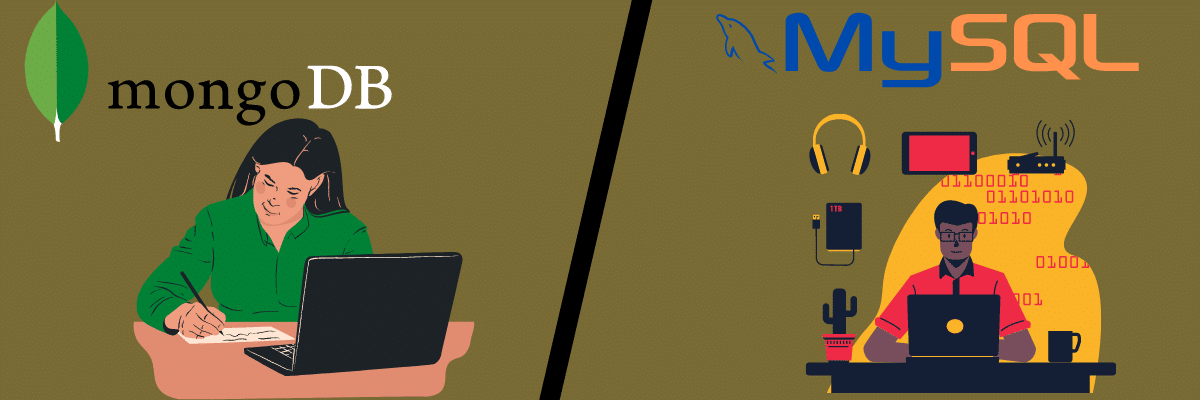 A side-by-side comparison of MongoDB and MySQL ease of use, showing a girl working under MongoDB and a boy working with different tools under MySQL