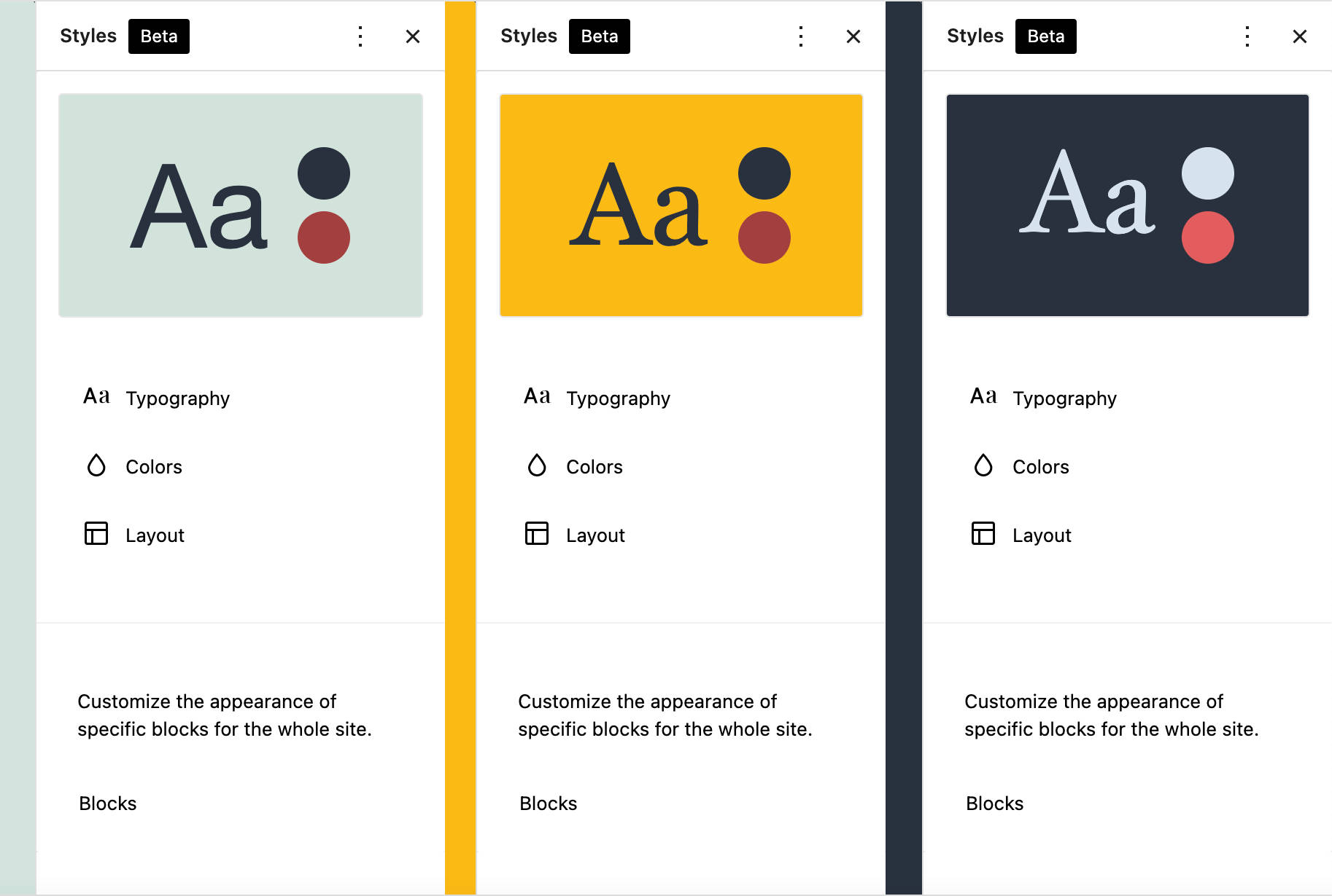 Global Styles previews for three styles of different colors (green, yellow, and navy) shown side by side.