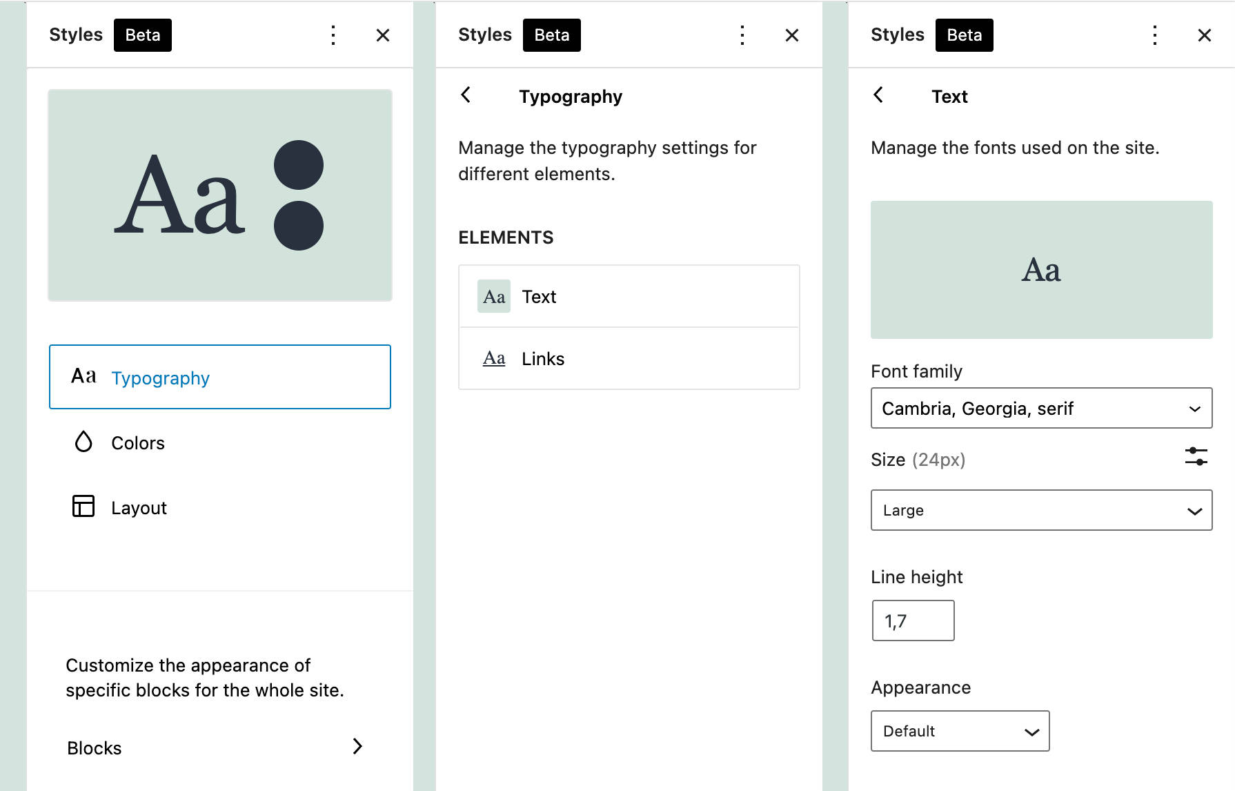 Typography settings in TT1 Blocks Global Styles, showing three side-by-side panels with various typography options such as font family, text size, and colors.