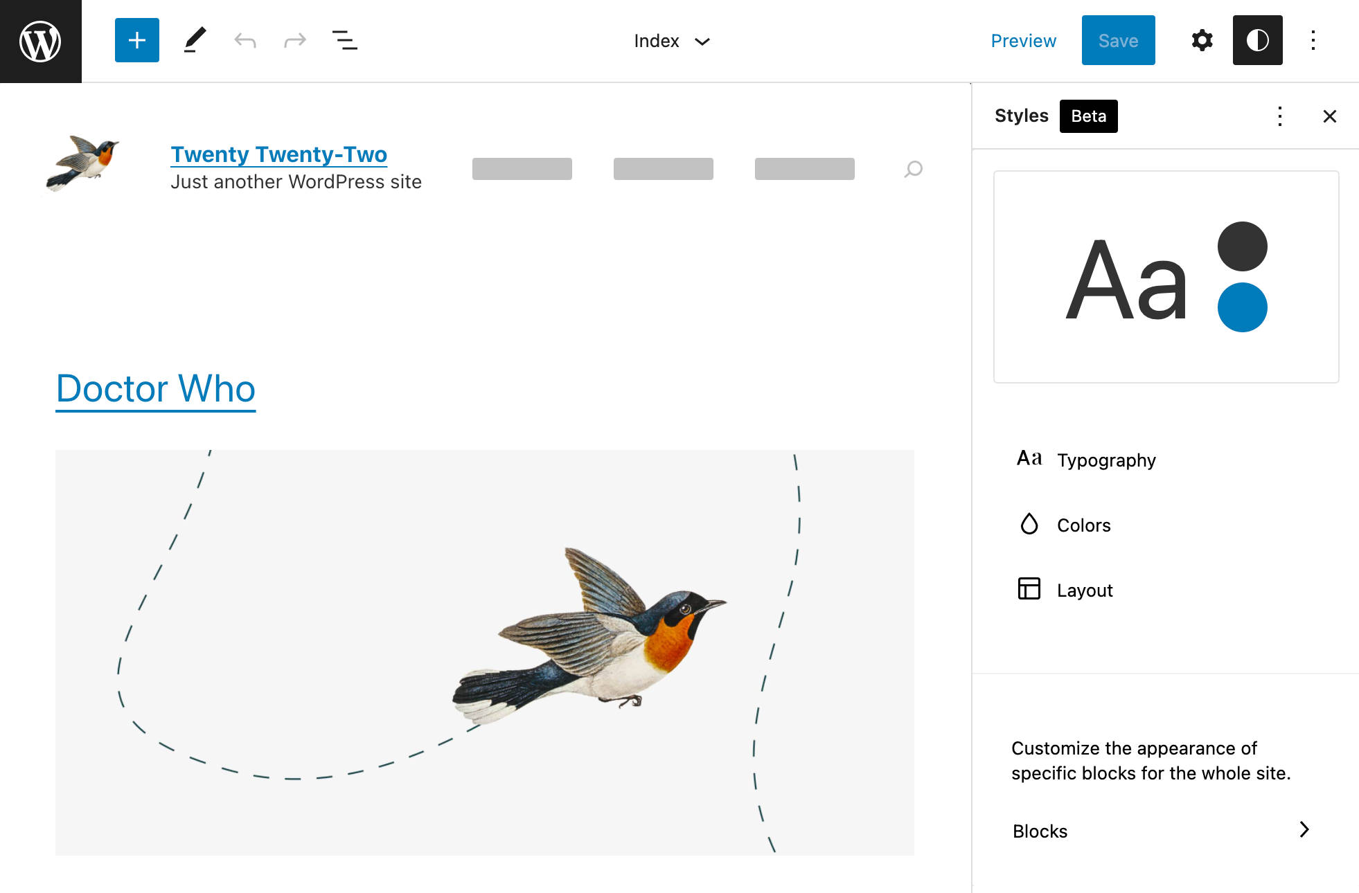 The Global Styles sidebar open on a WordPress page that's using the Twenty Twenty-Two theme, showing typography options such as 
