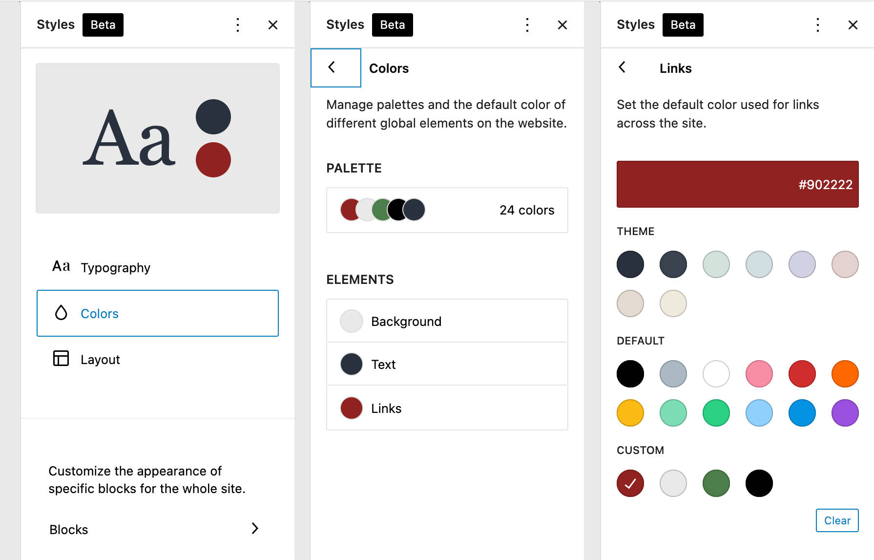 TT1 Blocks colors settings, showing various color circles for three separate palette options: Theme, Default, and Custom.