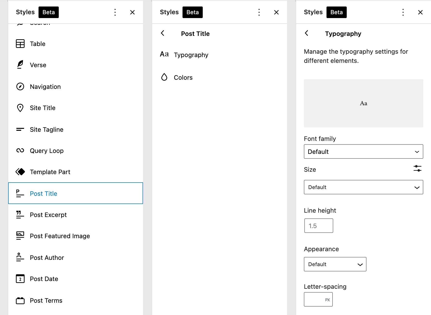 Post Title typography settings in WordPress 5.9, showing a wide variety of options, including (among many others) Post Title (which is highlighted), Post Author, Table, Site Title, and Navigation.