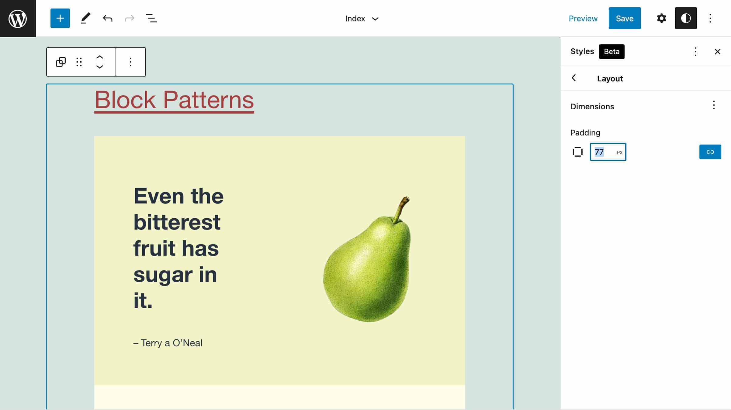 The global padding setting in the Global Styles panel, showing an alteration of the previous padding pixel size.