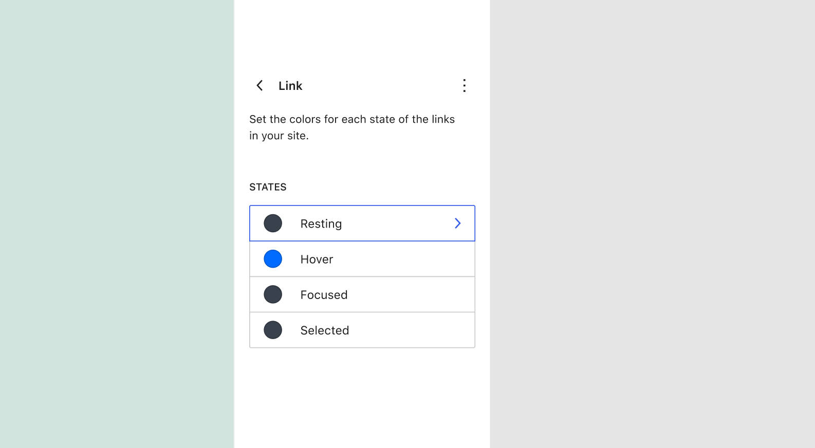 A mockup of a possible future panel for changing link state colors, including options for Resting, Hover, Focused, and Selected.