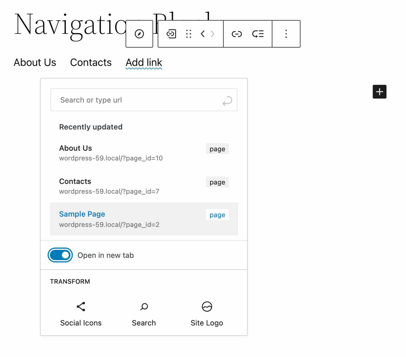 The Navigation block appender, showing navigation links.