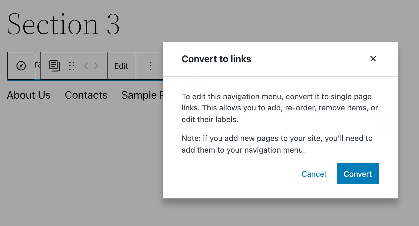 Converting a navigation menu to individual page links.