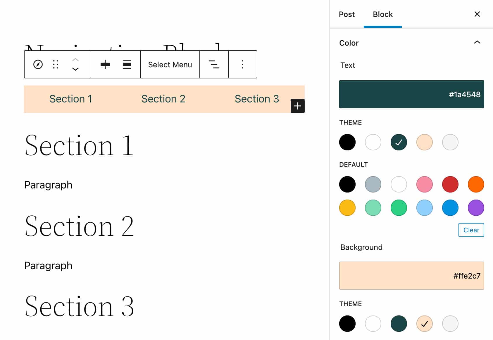 Navigation block color settings.