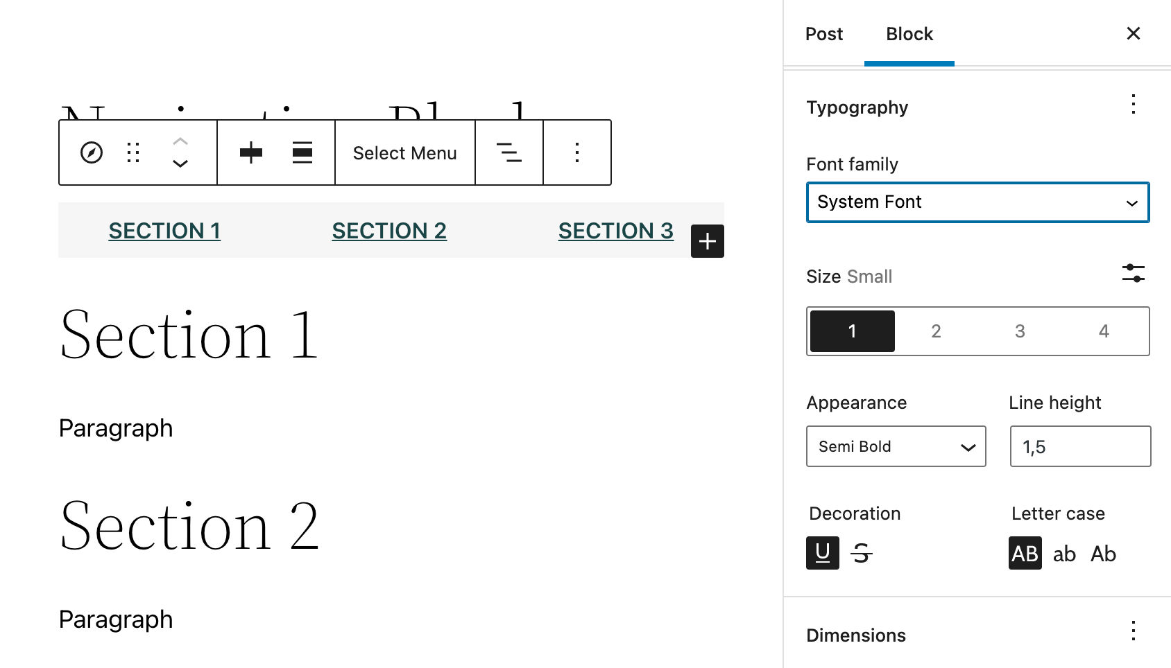 Navigation block typography settings.