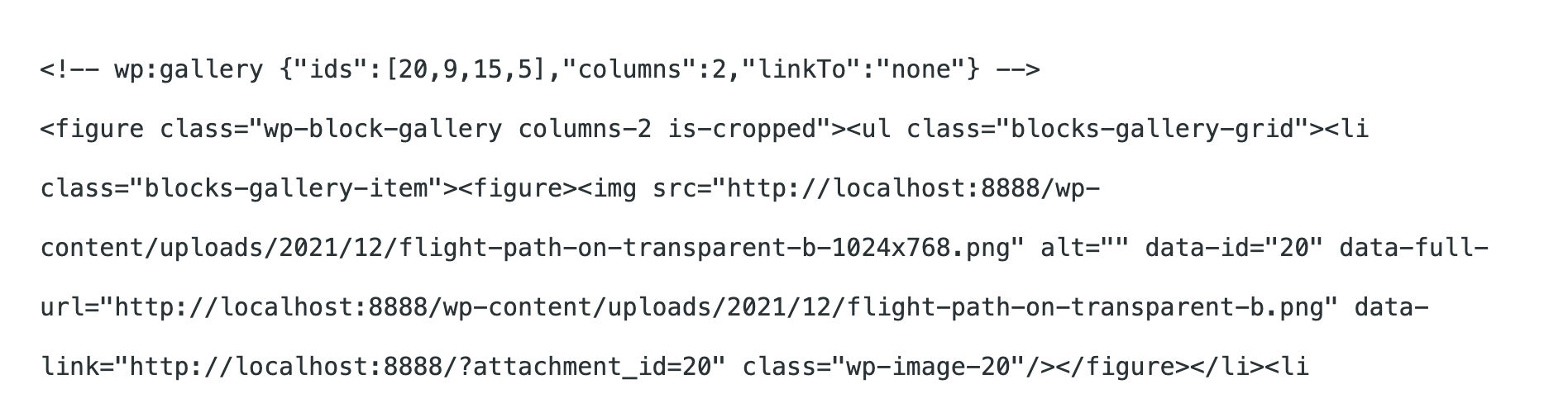 Gallery block in code view in WordPress 5.8.