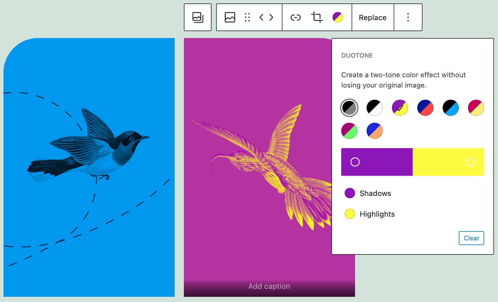 Duotone filters applied to different images in a Gallery block.