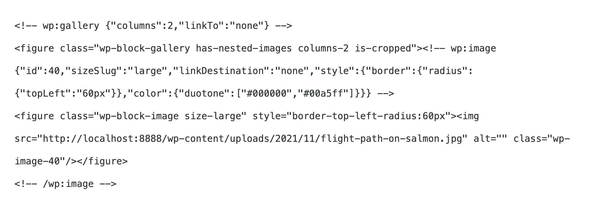 Gallery block in code view in WordPress 5.9.