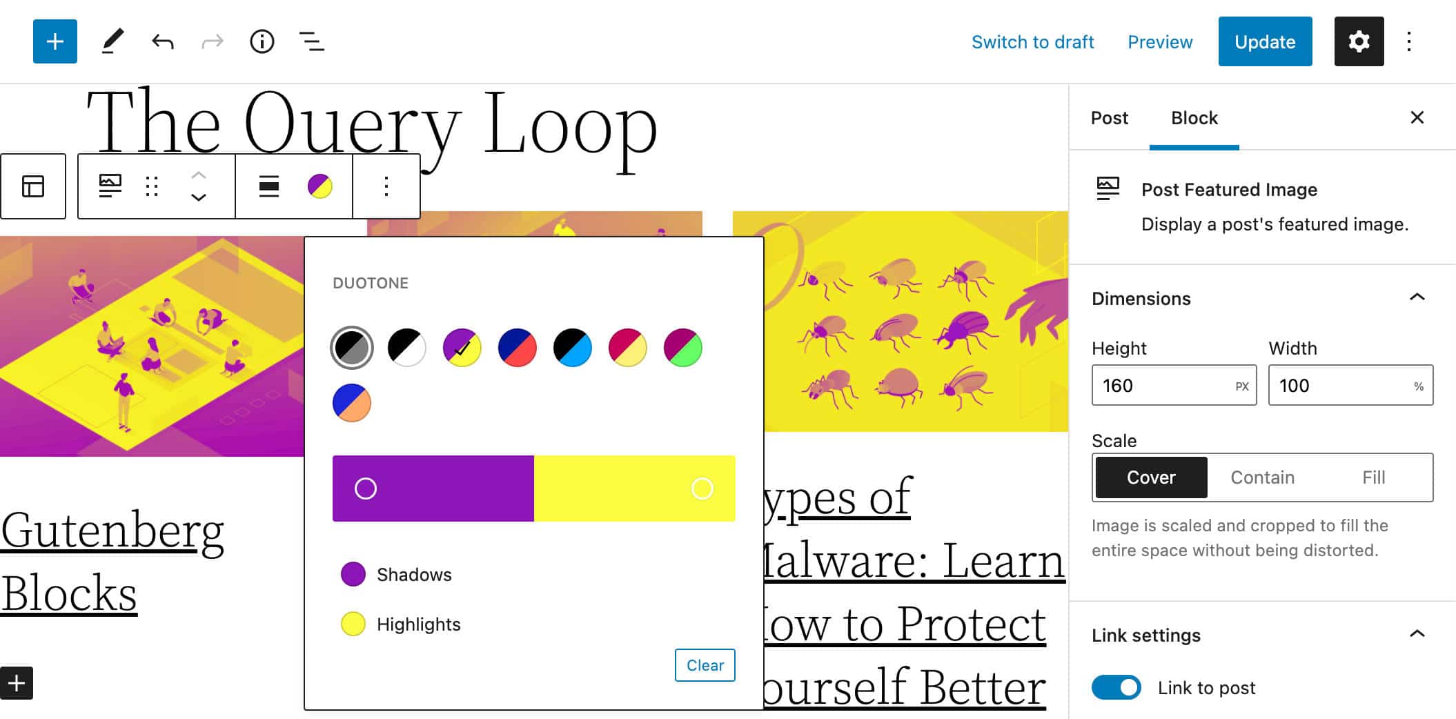 Duotone filter on featured images in a Query Loop block.