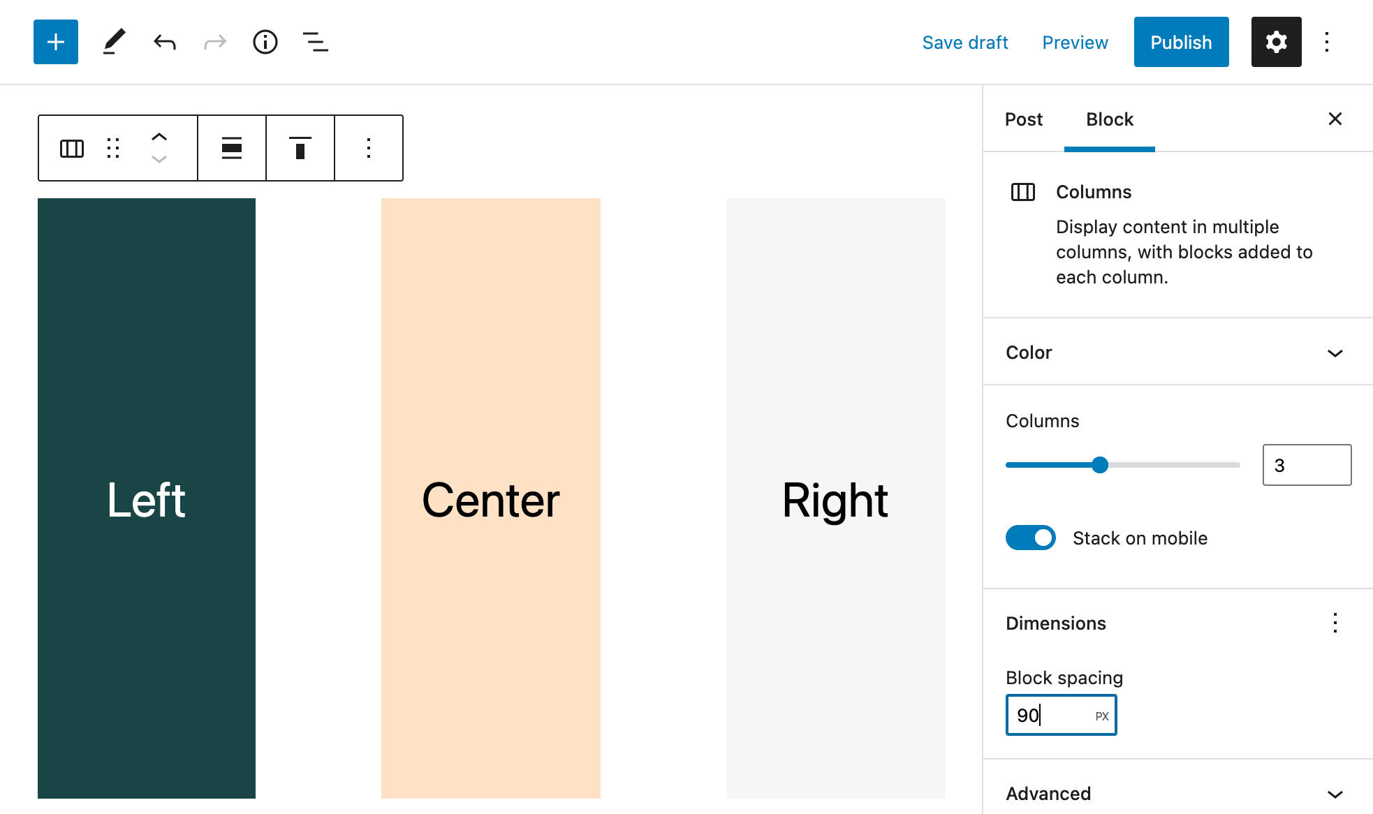 Controlling Columns Block spacing in WordPress 5.9.