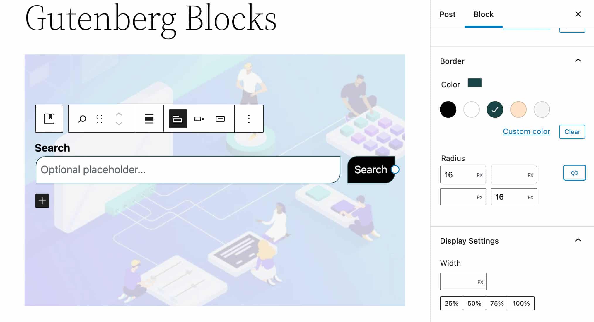 Search Block border color and radius settings.