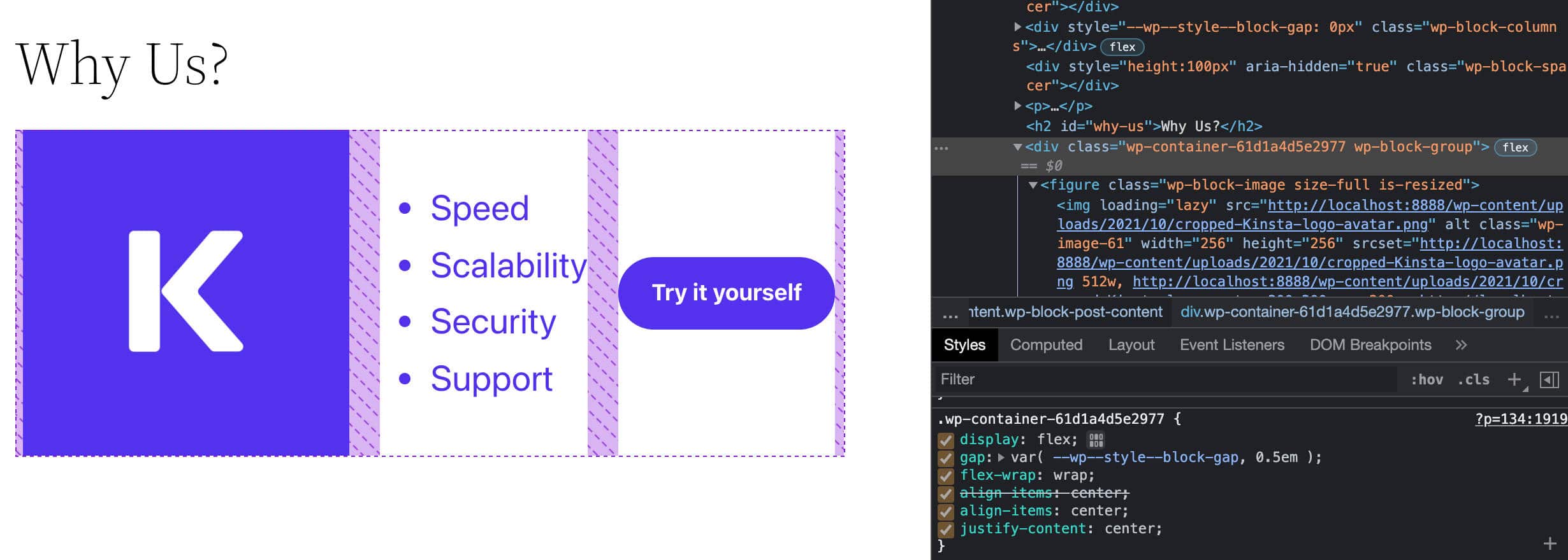 A Row block in Chrome inspector tool.