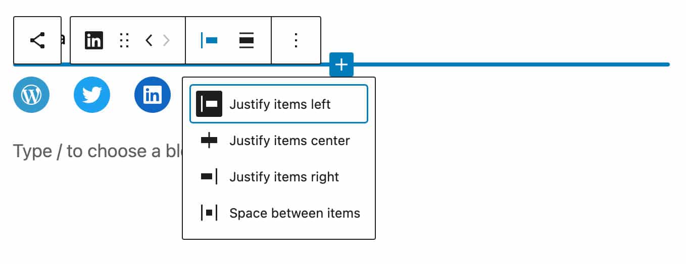Layout controls in the Social Links block toolbar.