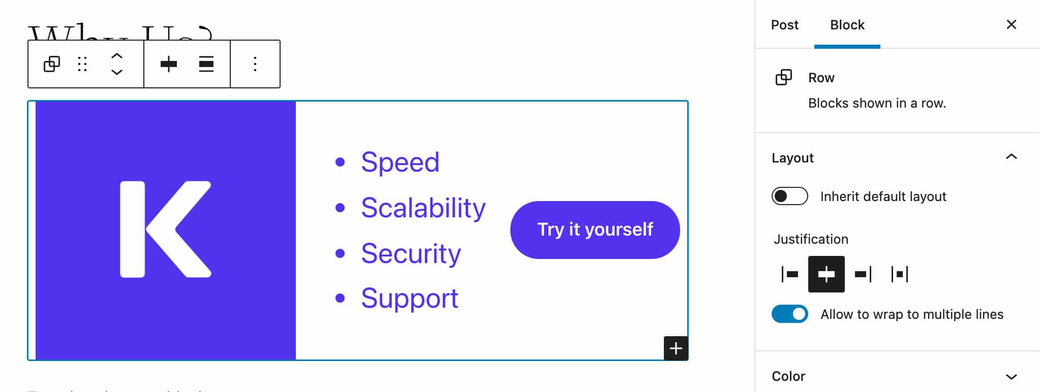 The new Row block with Layout settings.