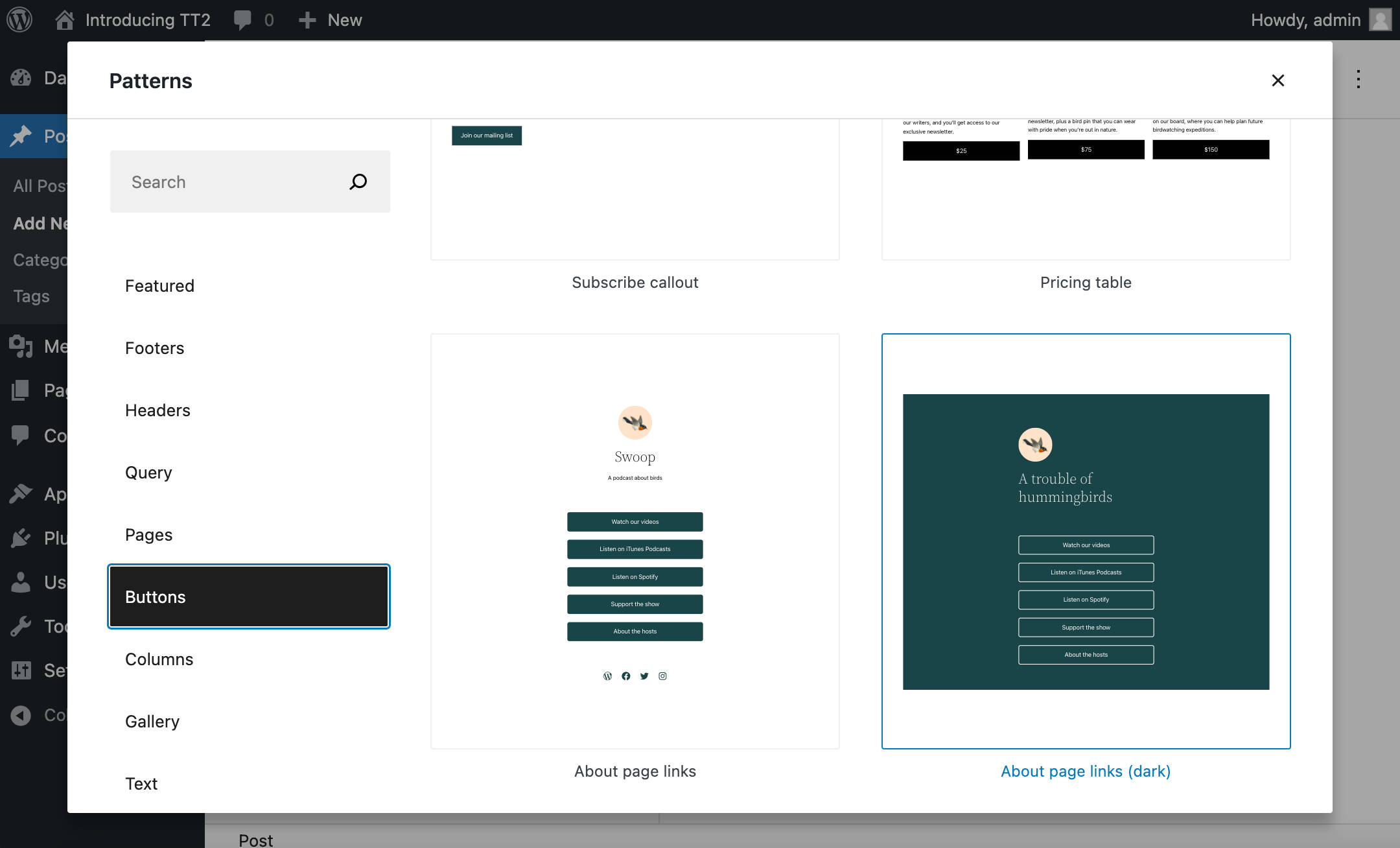 Buttons block patterns in WordPress 5.9.