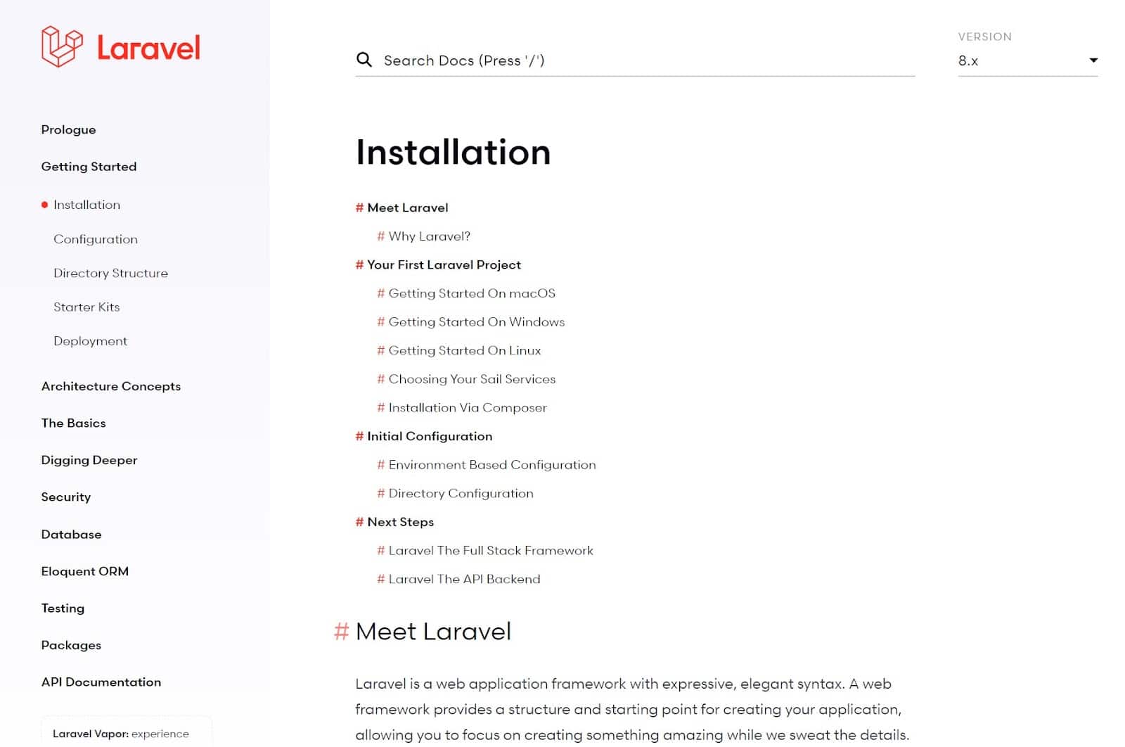A screenshot of the Laravel manual
