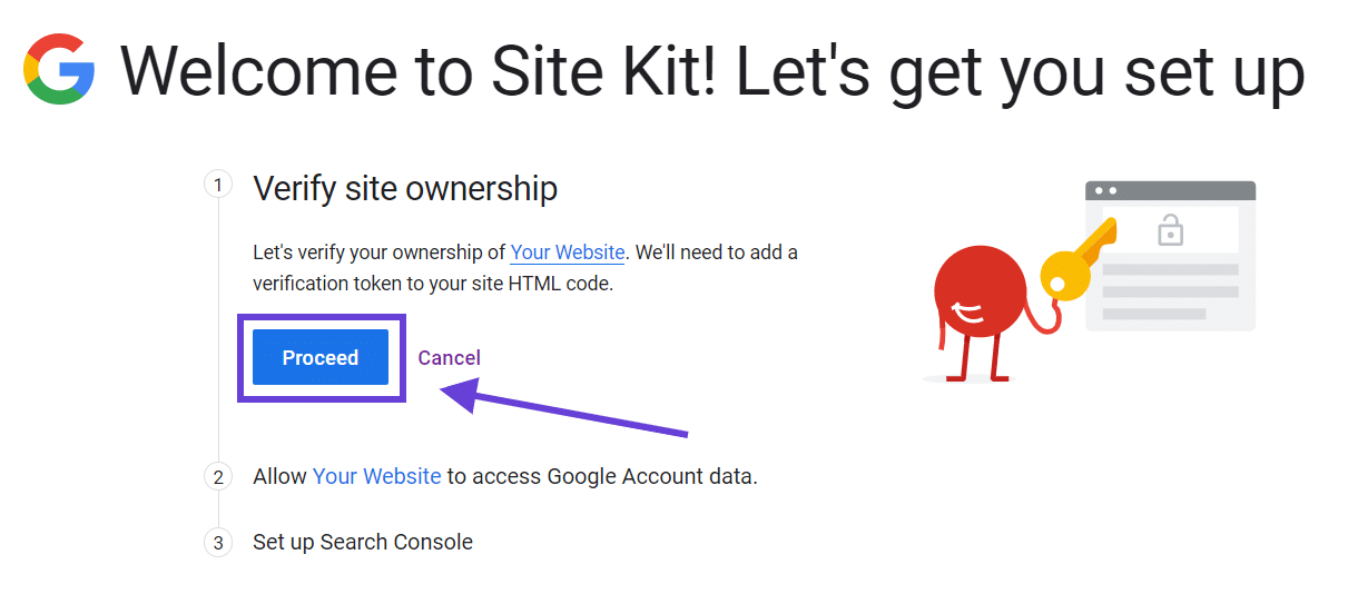 The option to enable Site Kit to verify that you own your website with an arrow pointing to the 