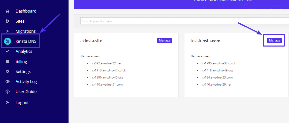 The Kinsta DNS option from the MyKinsta dashboard with an arrow pointing at the 
