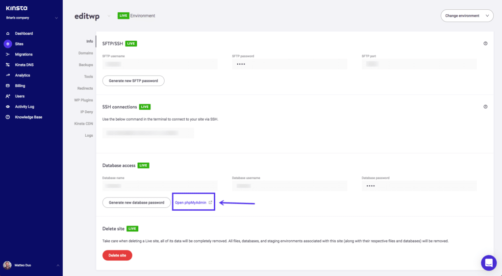 accessing phpmyadmin via kinsta dashboard