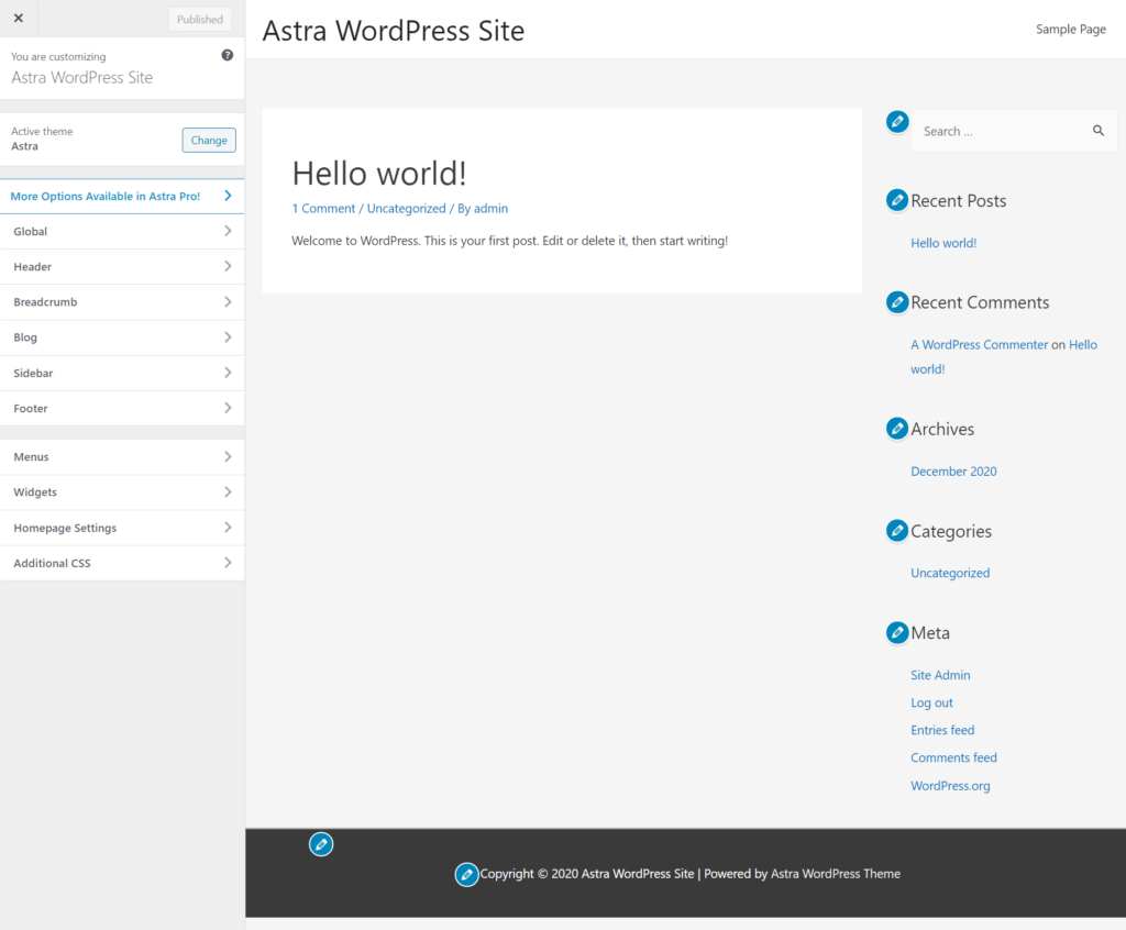 The Astra Customizer options - GeneratePress vs Astra comparison