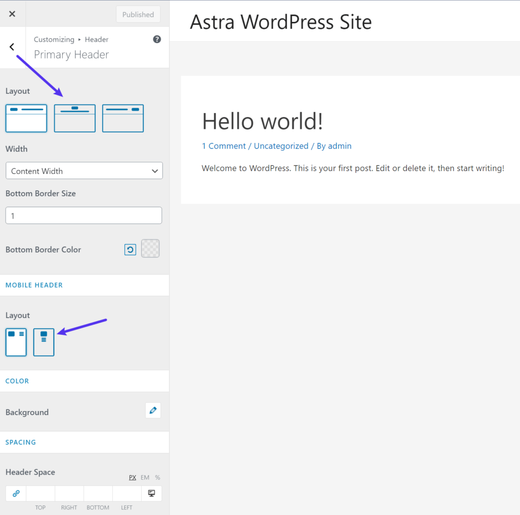 The Astra theme Customizer options - GeneratePress vs Astra comparison
